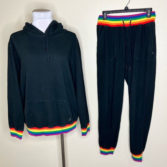 TomboyX Pants - 2 Piece TomboyX French Terry Joggers & Hoodie Set MEDIUM Unisex Rainbow Black